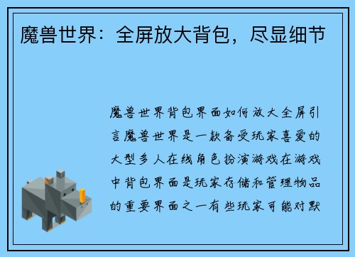 魔兽世界：全屏放大背包，尽显细节